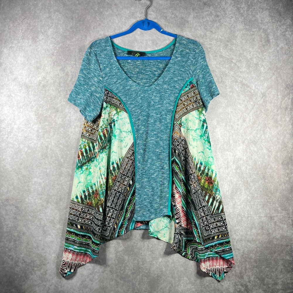 Poeme By‎ Citron Top Womens Large Green Santa Monica Handkerchief Hem Boho Artsy